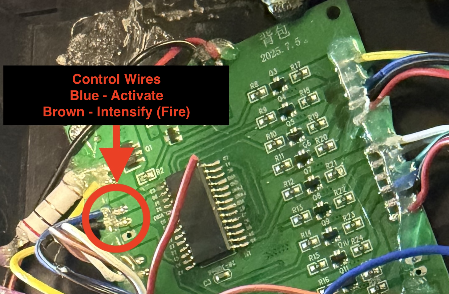 Annotated factory Proton Pack PCB showing the control wire connection area