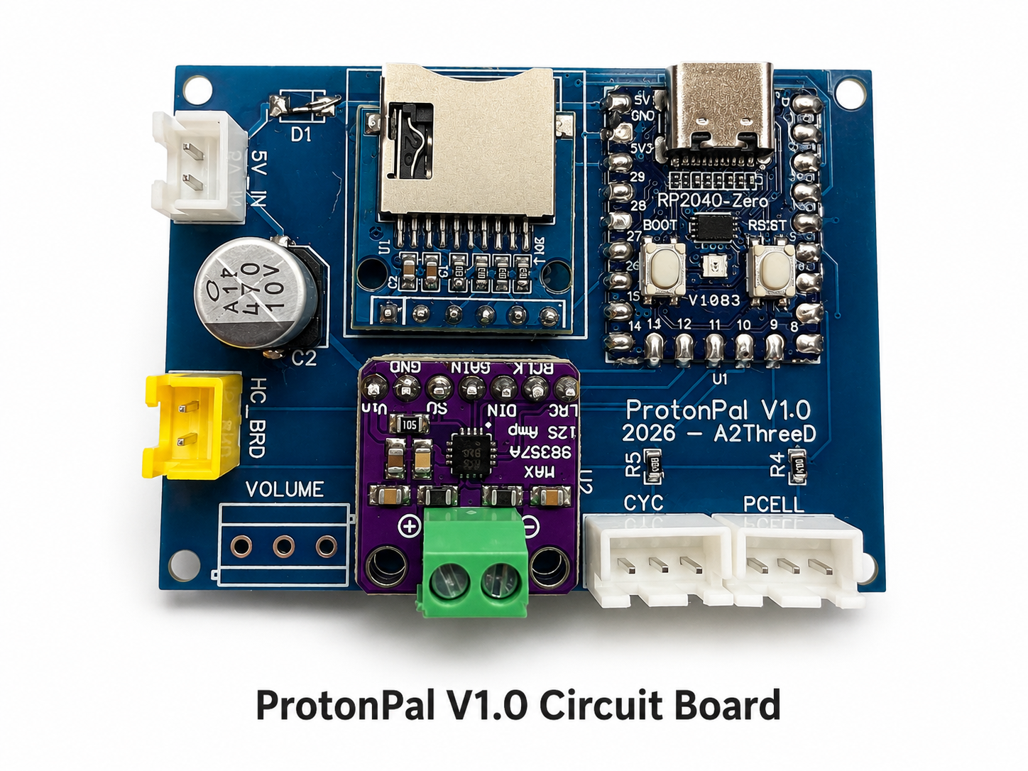 ProtonPal V1.0 circuit board with MicroSD slot, USB-C, volume terminal, amplifier, and Cyclotron and Powercell LED connectors
